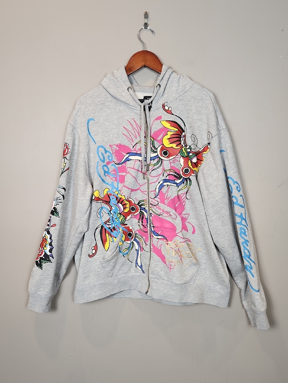 Ed Hardy Full Zip-Up Graphic Print Gray Hoodie Size XL